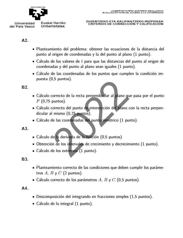 Página 8 del examen de Matemáticas II 2022