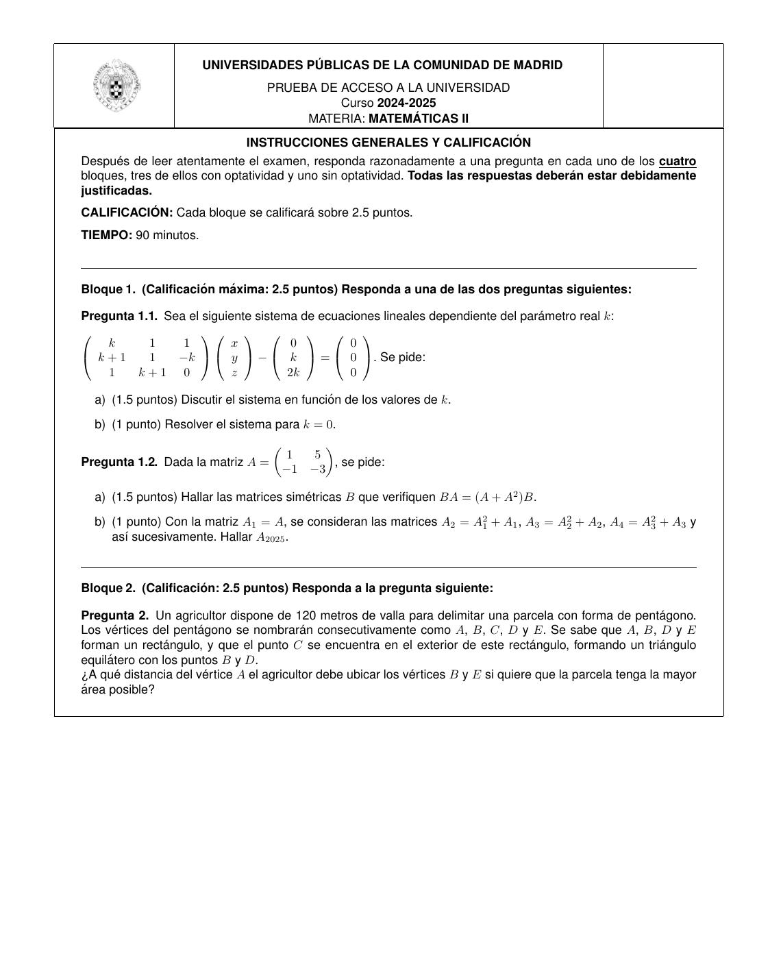 Página 1 del examen de Matemáticas II 2025