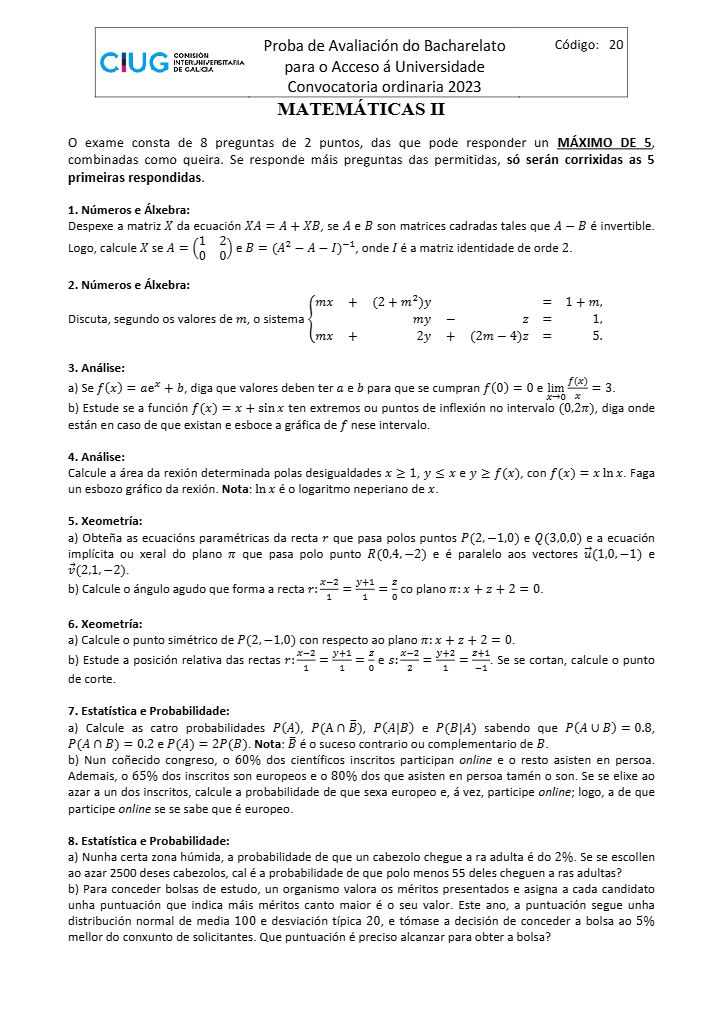 Página 1 del examen de Matemáticas II 2023