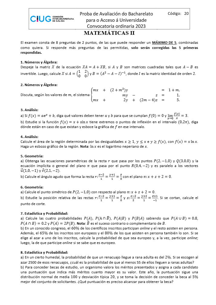 Página 2 del examen de Matemáticas II 2023