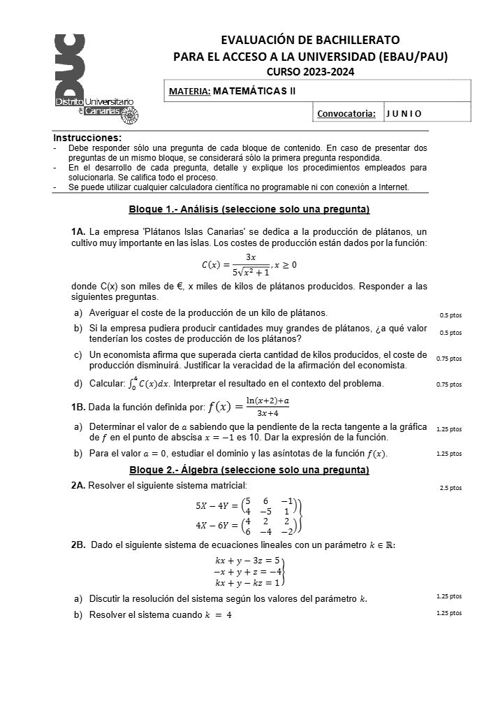 Página 1 del examen de Matemáticas II 2024