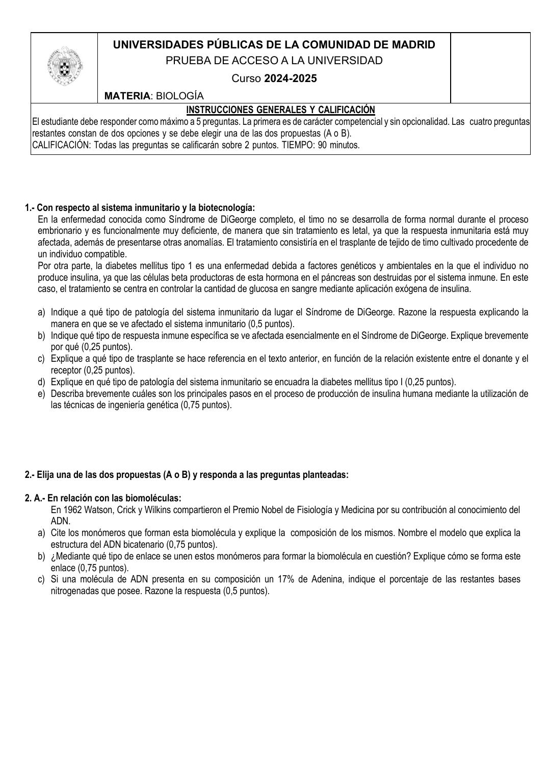 Página 1 del examen de Biología 2025