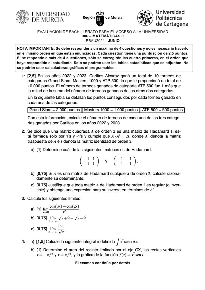 Página 1 del examen de Matemáticas II 2024