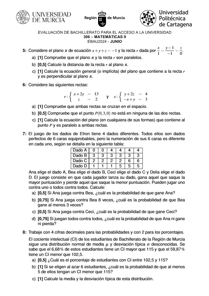 Página 2 del examen de Matemáticas II 2024