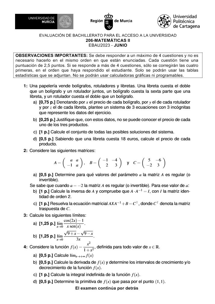 Página 1 del examen de Matemáticas II 2023