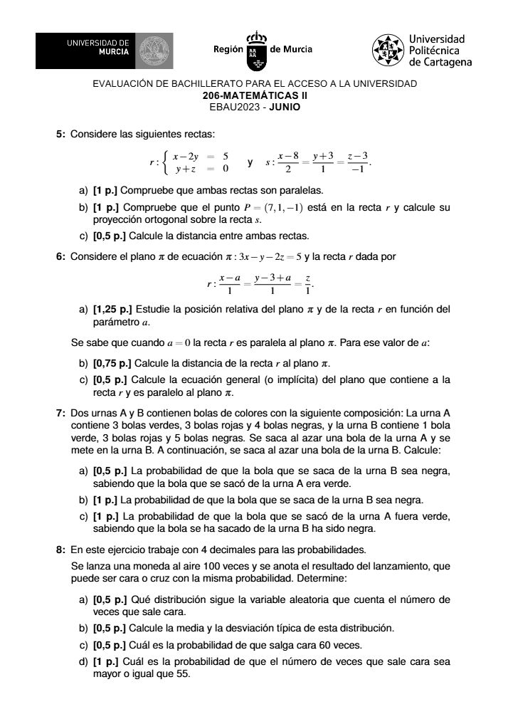 Página 2 del examen de Matemáticas II 2023