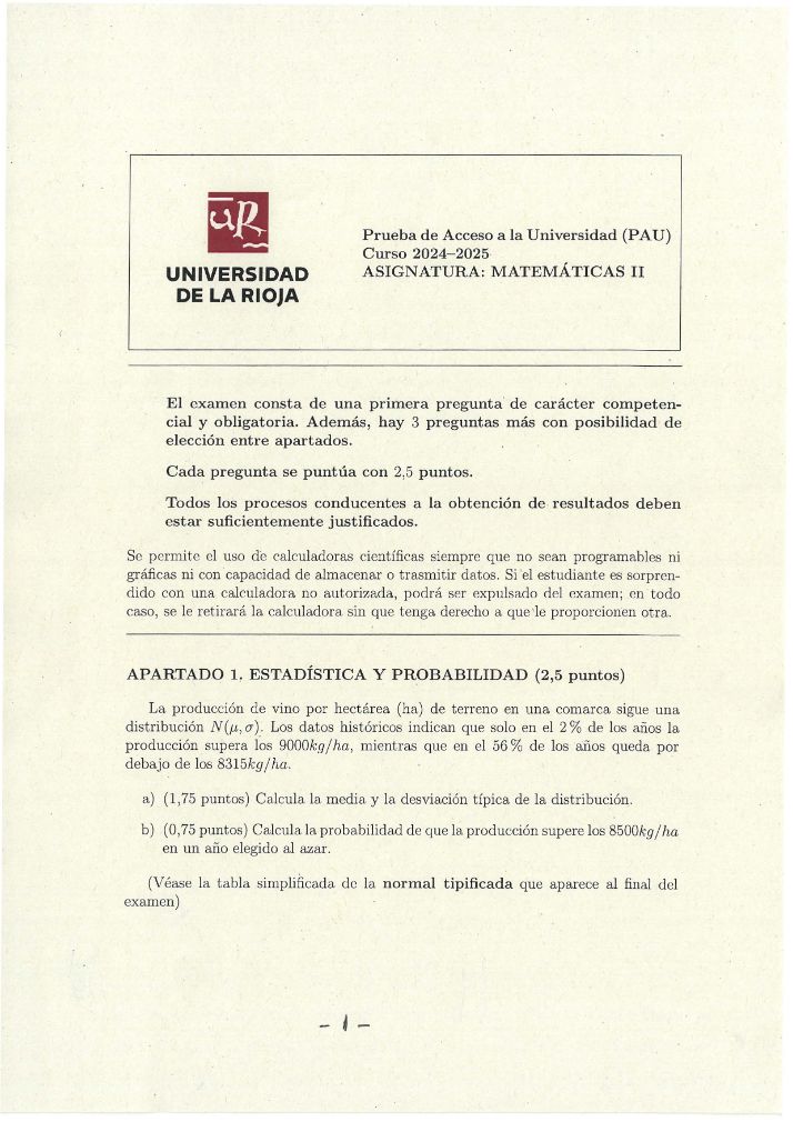 Página 1 del examen de Matemáticas II 2025