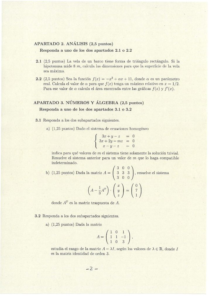 Página 2 del examen de Matemáticas II 2025