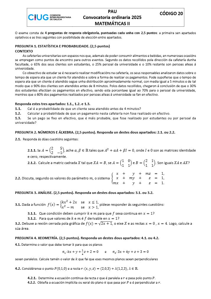 Página 1 del examen de Matemáticas II 2025
