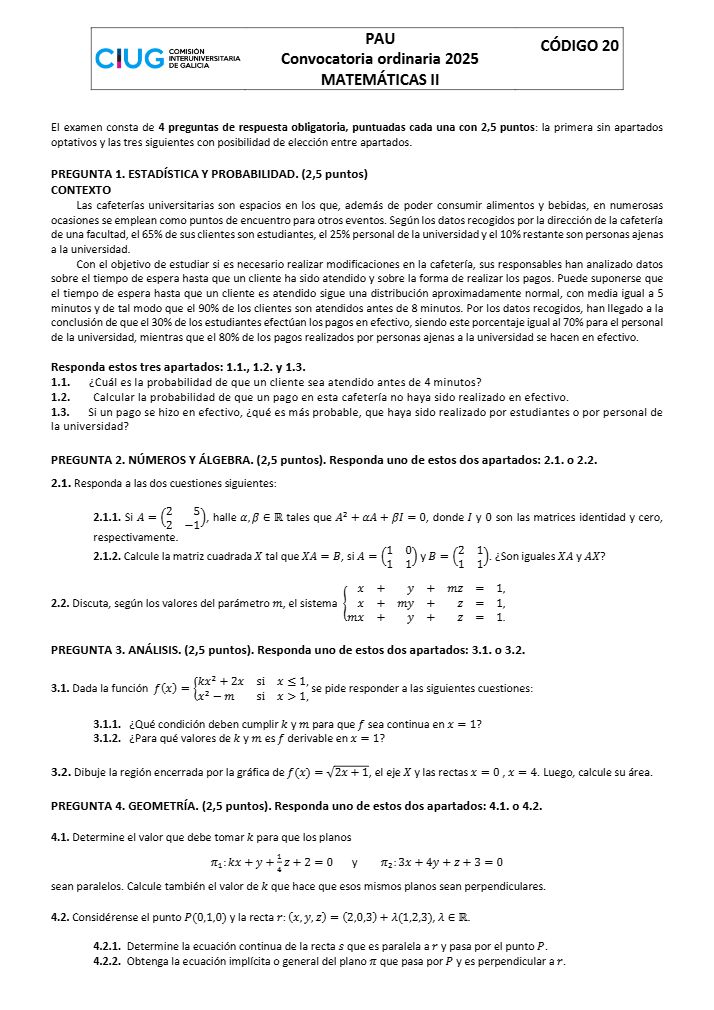 Página 2 del examen de Matemáticas II 2025