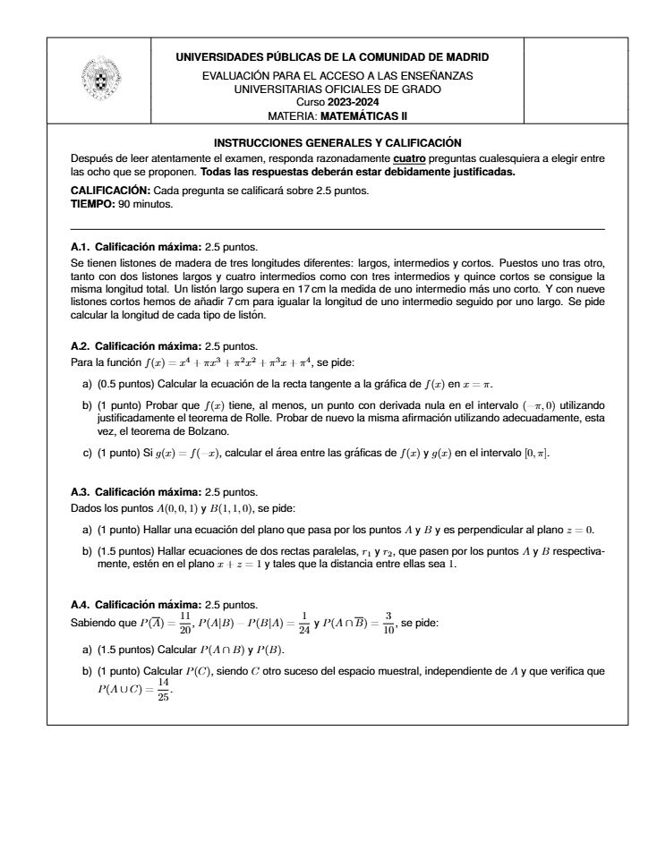 Página 1 del examen de Matemáticas II 2024