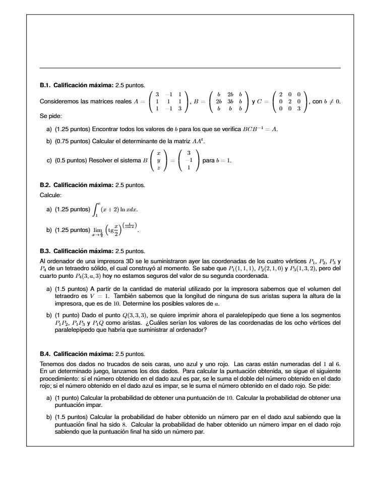 Página 2 del examen de Matemáticas II 2024