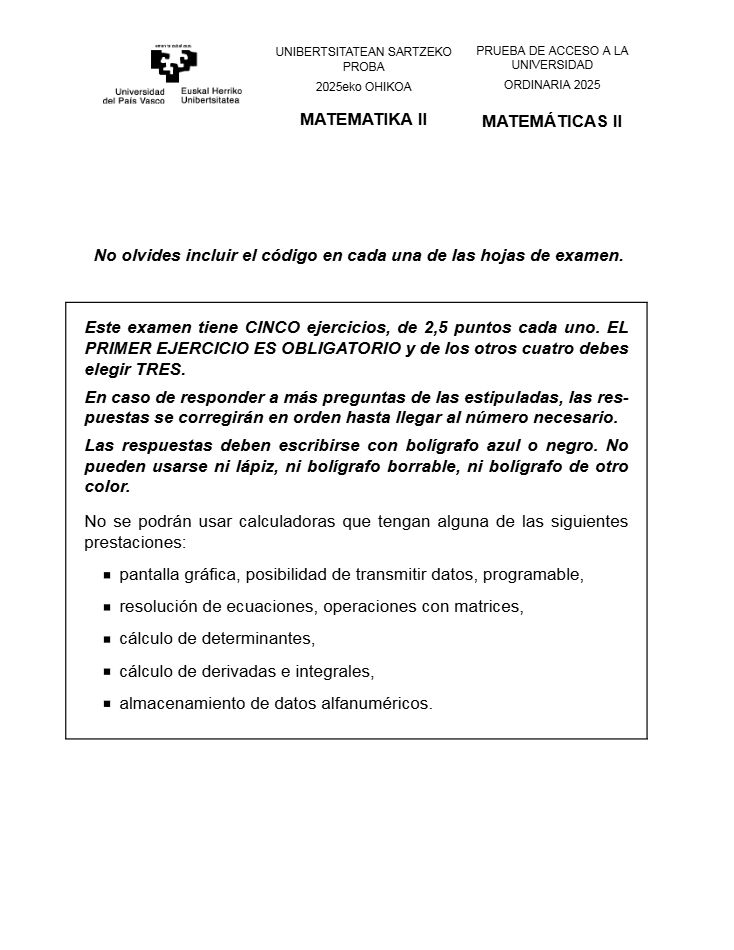 Página 1 del examen de Matemáticas II 2025