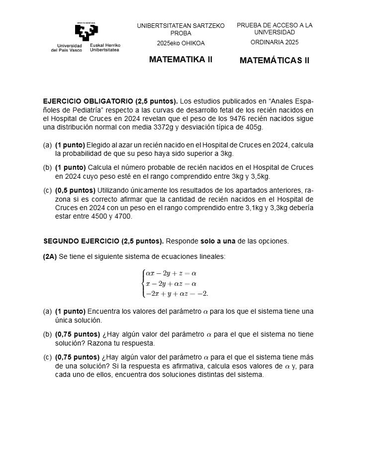 Página 3 del examen de Matemáticas II 2025
