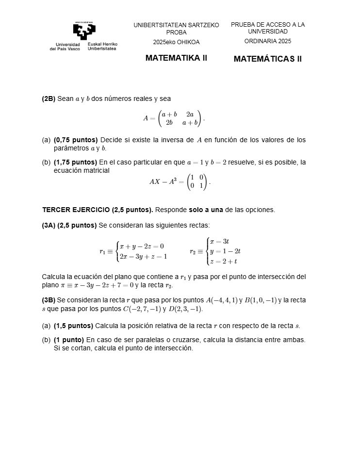 Página 4 del examen de Matemáticas II 2025