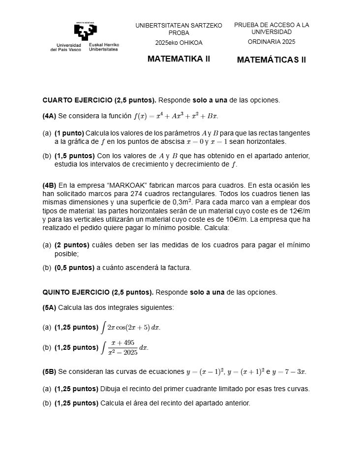 Página 5 del examen de Matemáticas II 2025