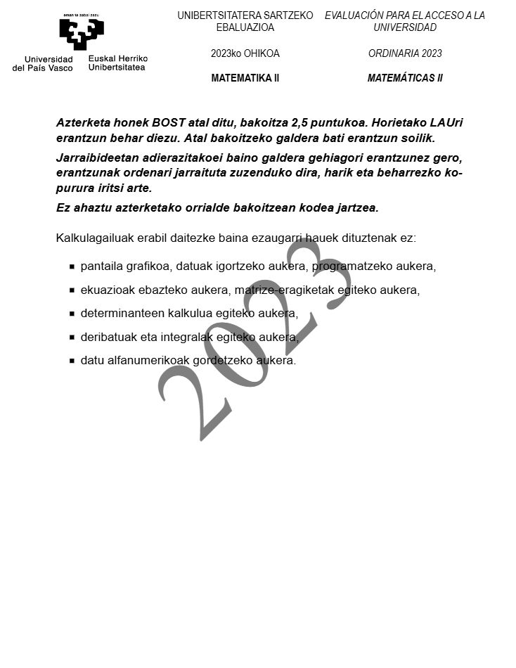 Página 1 del examen de Matemáticas II 2023