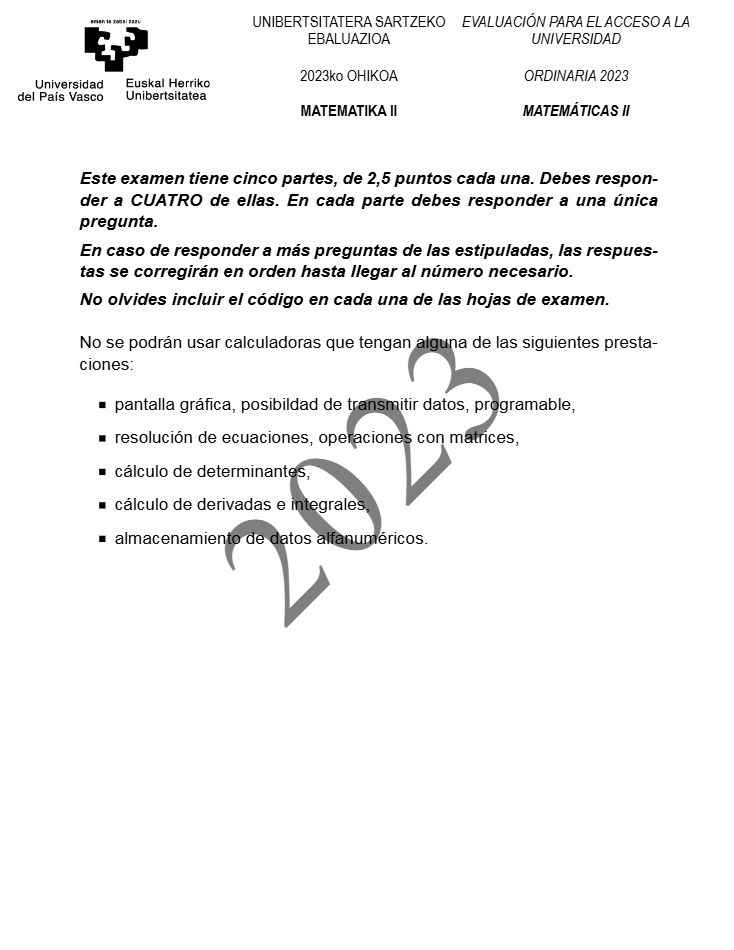 Página 2 del examen de Matemáticas II 2023