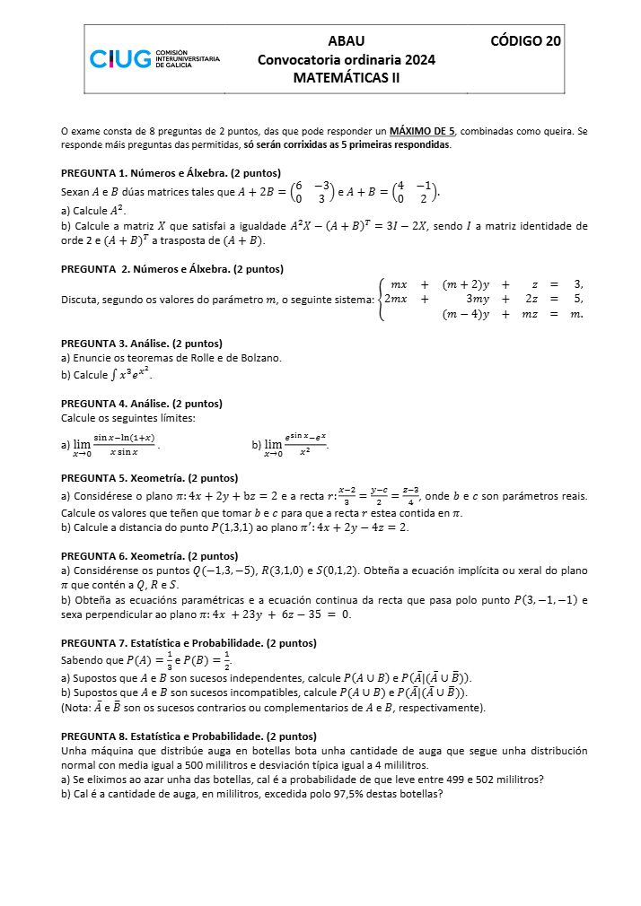 Página 1 del examen de Matemáticas II 2024