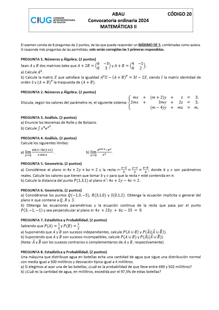 Página 2 del examen de Matemáticas II 2024