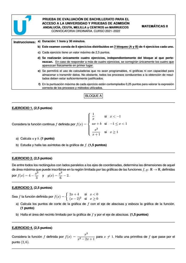 Página 1 del examen de Matemáticas II 2022