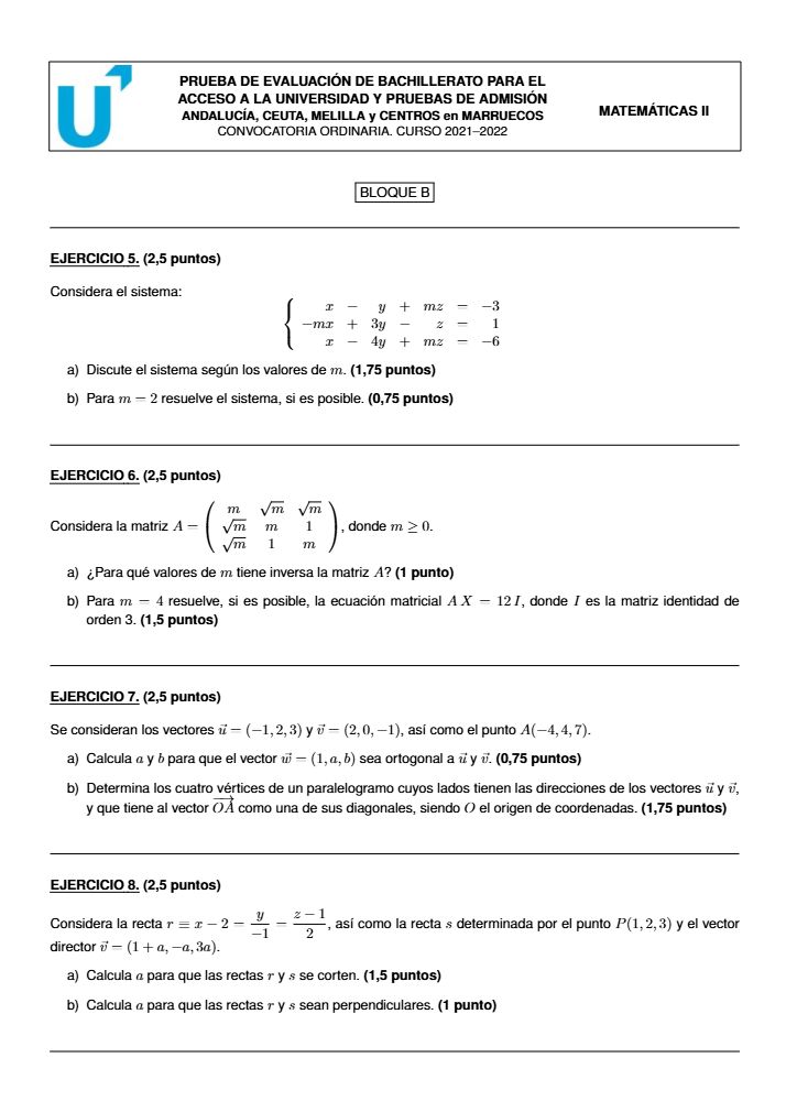 Página 2 del examen de Matemáticas II 2022