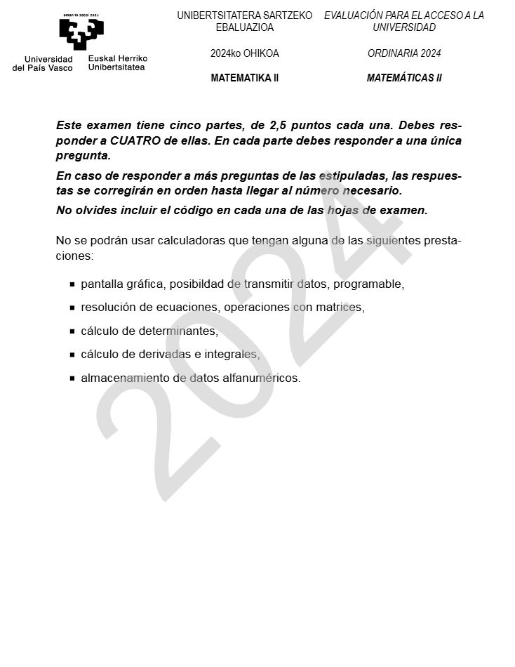 Página 1 del examen de Matemáticas II 2024
