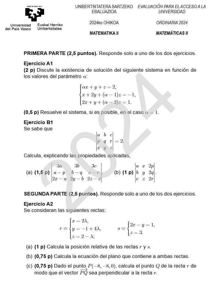 Página 3 del examen de Matemáticas II 2024