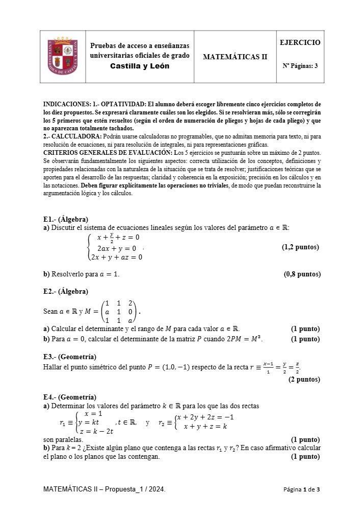 Página 1 del examen de Matemáticas II 2024