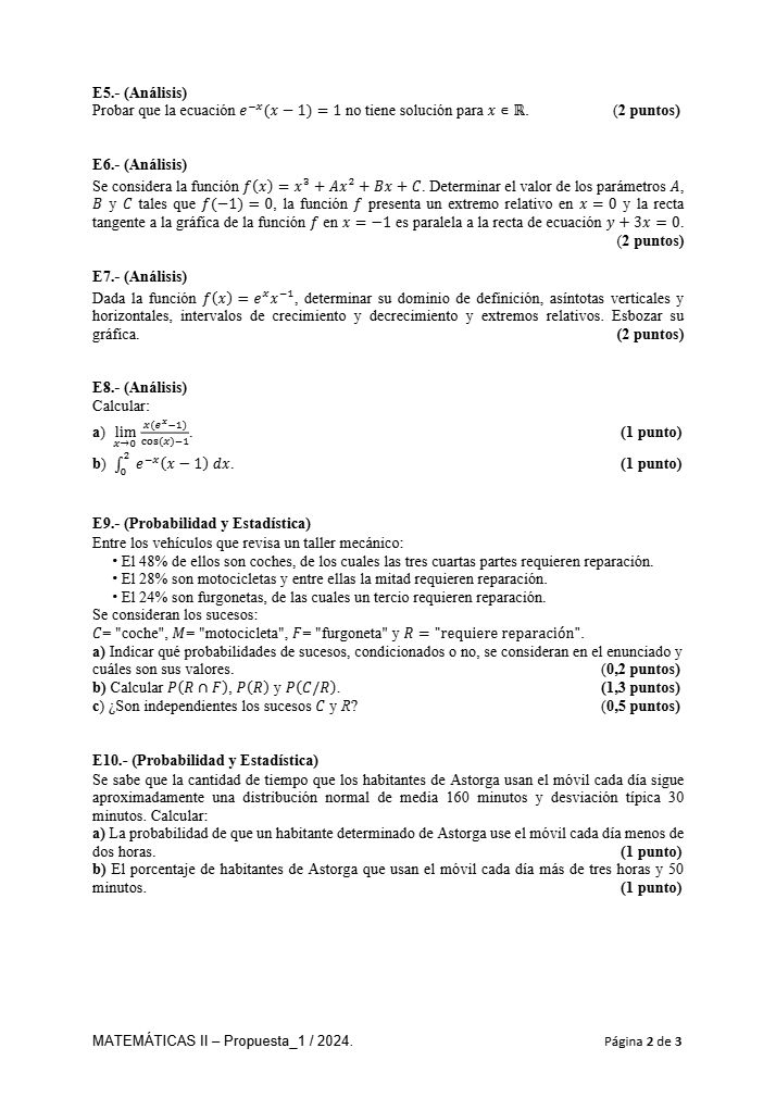 Página 2 del examen de Matemáticas II 2024