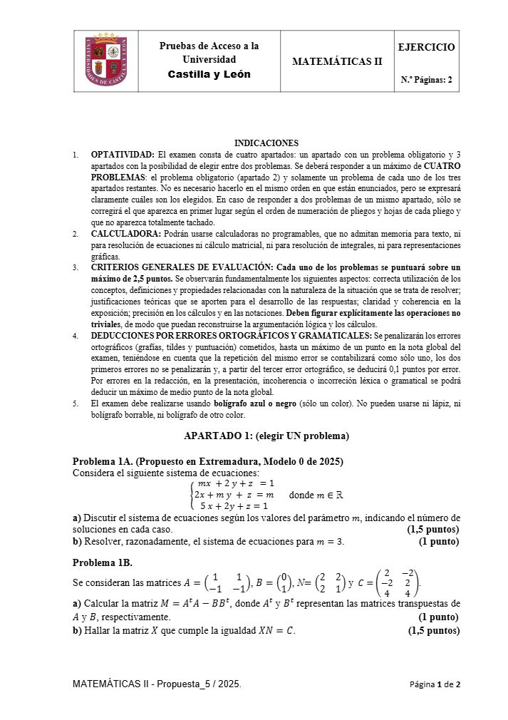 Página 1 del examen de Matemáticas II 2025