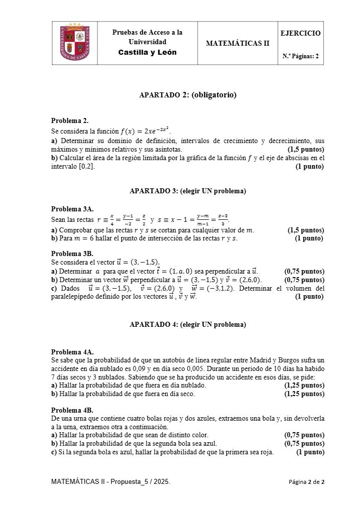 Página 2 del examen de Matemáticas II 2025