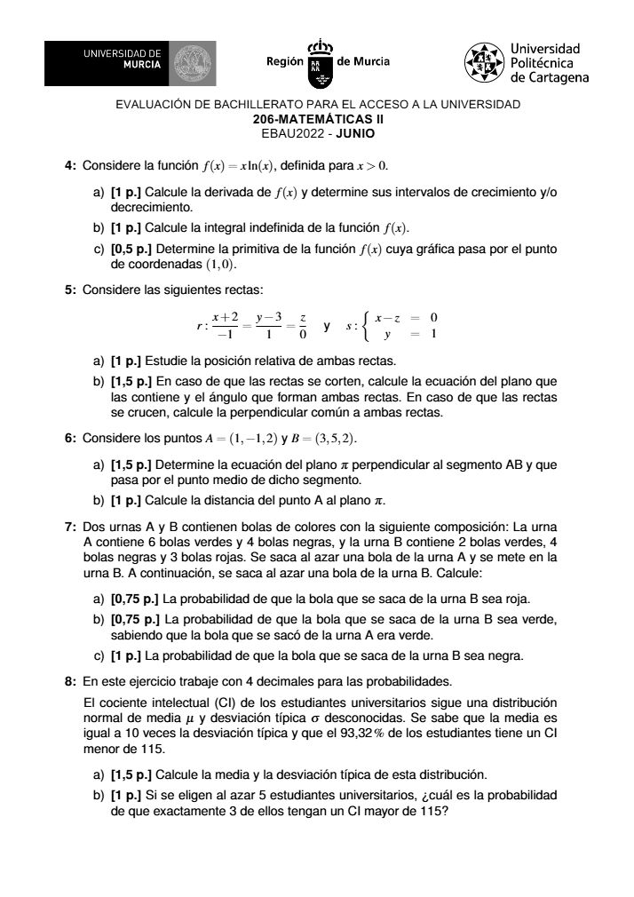 Página 2 del examen de Matemáticas II 2022