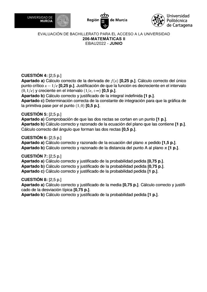 Página 4 del examen de Matemáticas II 2022