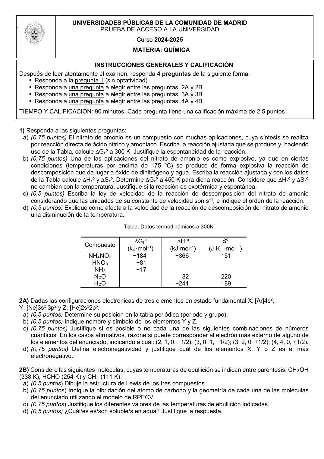 Página 1 del examen de Química 2025