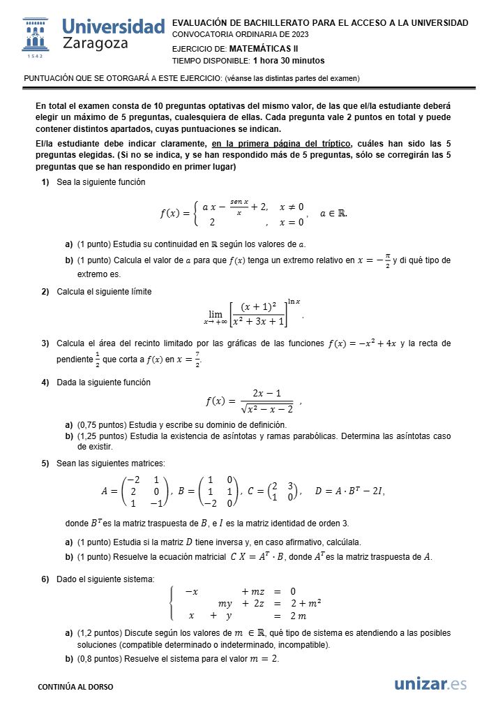 Página 1 del examen de Matemáticas II 2023