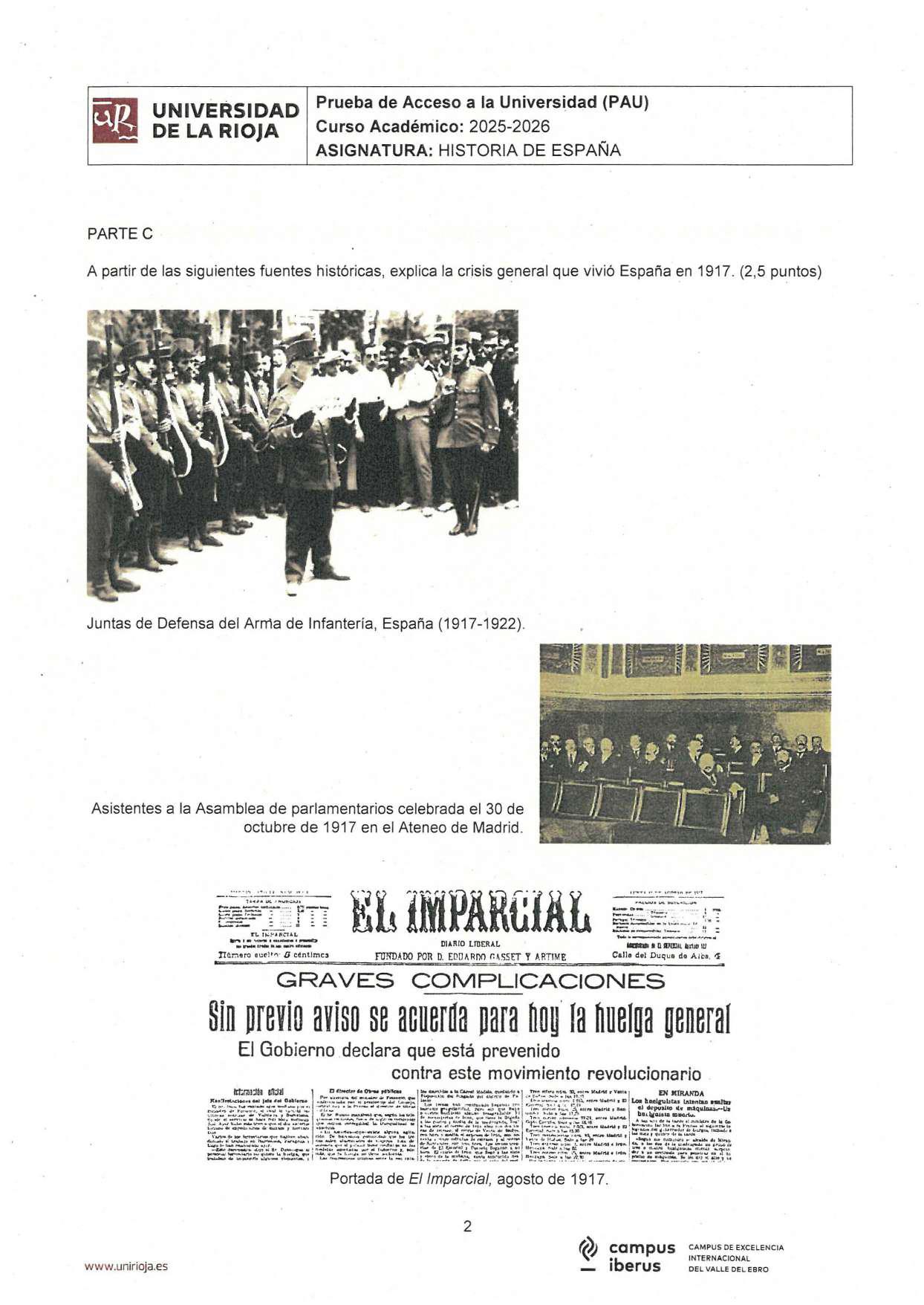 Página 1 del examen de Historia 2026