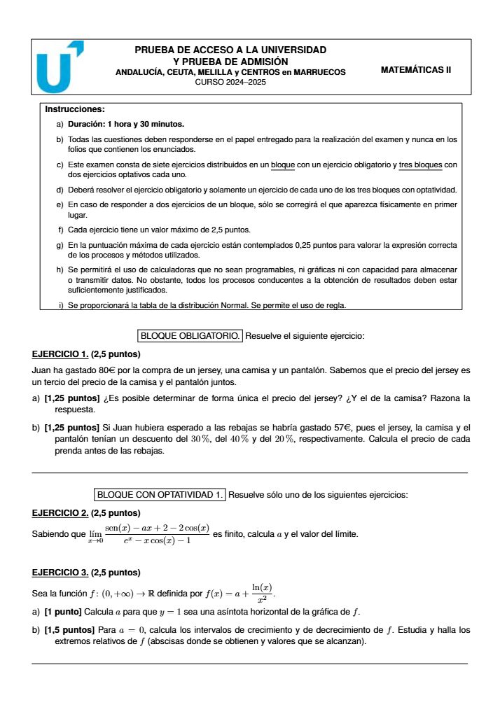 Página 1 del examen de Matemáticas II 2025