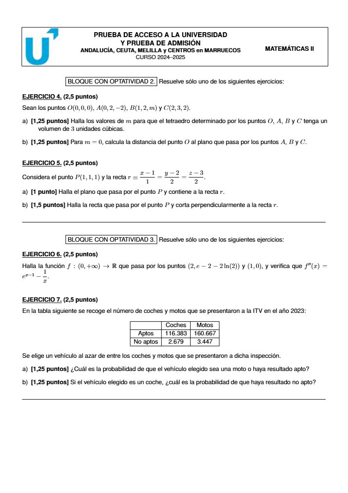 Página 2 del examen de Matemáticas II 2025